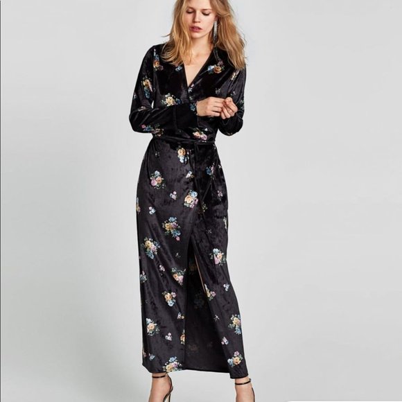 Zara Dresses & Skirts - Zara Velvet Floral Kimono Wrap Dress size S
